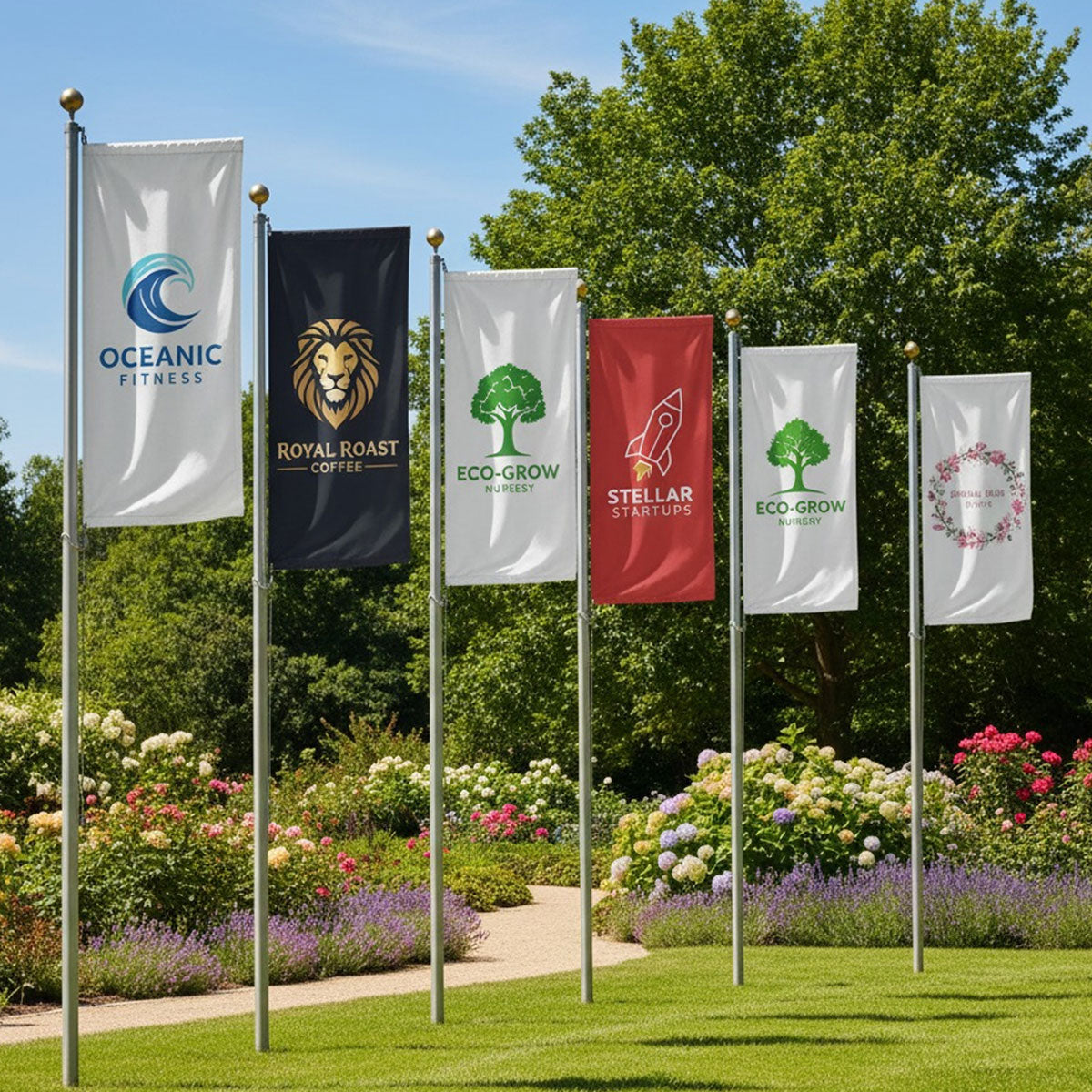 Custom flag featuring a logo with high-resolution fabric printing.
