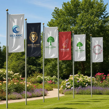 Custom flag featuring a logo with high-resolution fabric printing.
