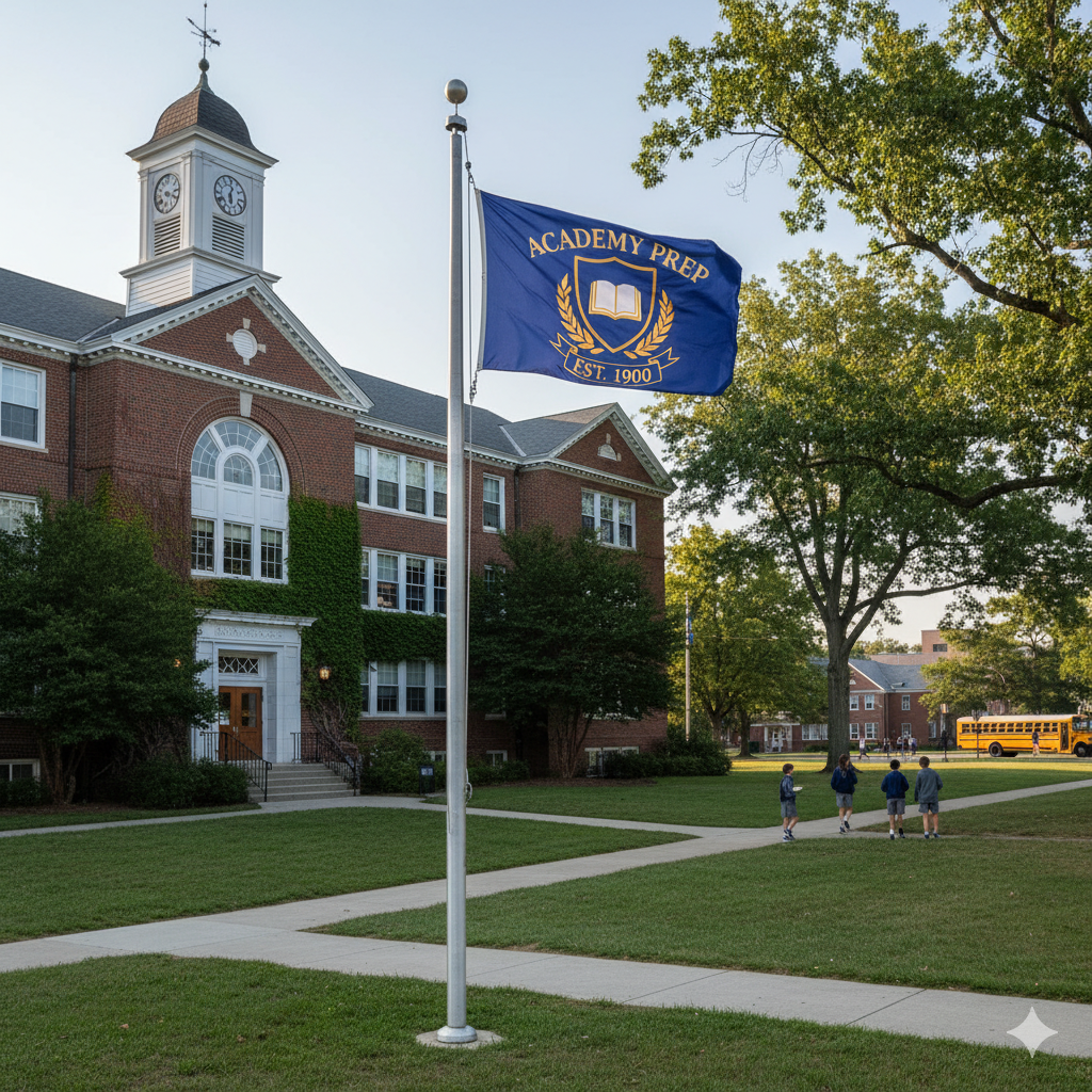 Custom school flag featuring high-resolution fabric printing.
